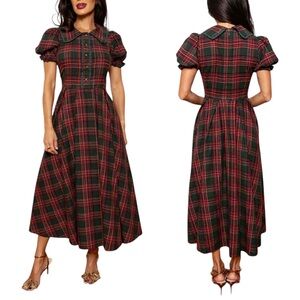 IVY CITY CO Sophia Cottagecore Short Sleeve Trad Wife Dress in Evergreen Plaid